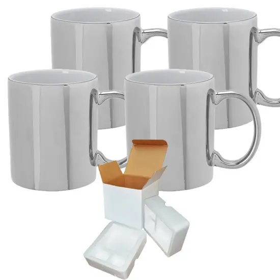 4 PACK 11 oz. SILVER Ceramic Mug - Individually Packed in a Protective Gift Box {1}