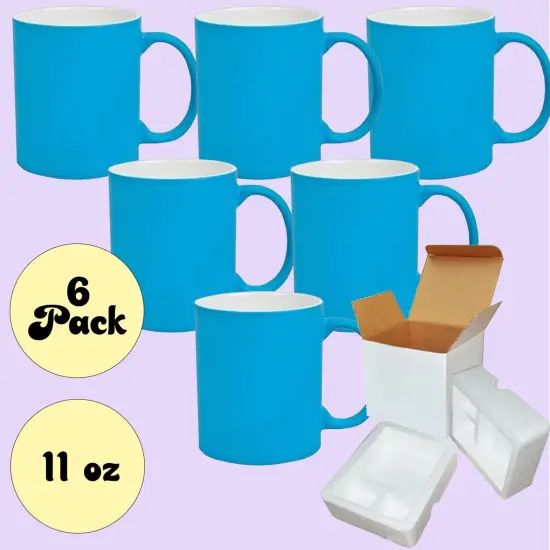 6 PACK 11OZ BLUE Fluorescent / Neon Sublimation Mugs with Foam Supports Cardboard Boxes {2}