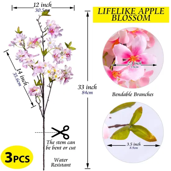 Apple Blossom Artificial Tree Branches 33&rdquo; Long Stems Silk Flowers Faux Bouquet for Tall Vase Indoor Home Decor Wedding Decoration, 3pcs Pink-White {2}