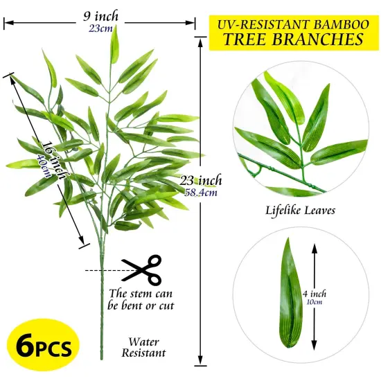 Grand Verde Bamboo Tree Branches 23&rdquo; Tall Stems Artificial Plants Faux Greenery Plastic Green Leaves, DIY Outdoor Fence Decoration, 6pcs Bulk {2}