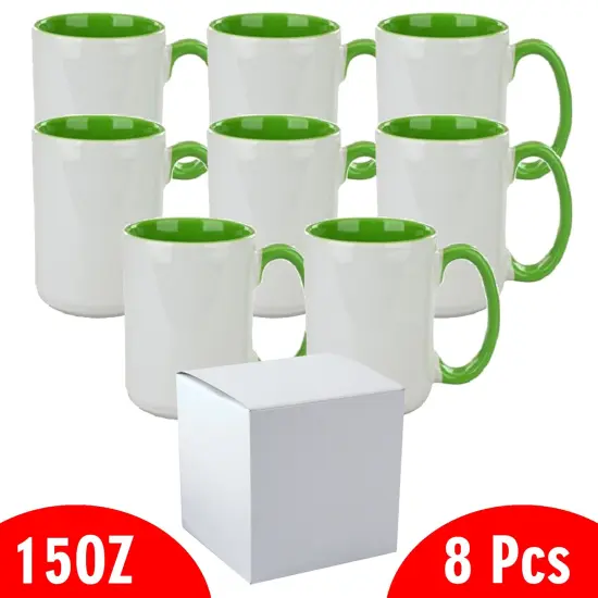 8 Pcs 15OZ El Grande Light Green Inside & Handle Sublimation Mugs With Foam Support Boxes {2}