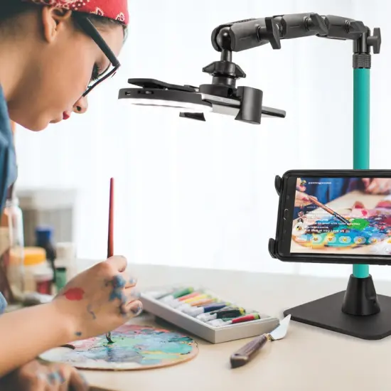 Remarkable Creator Pro+Plus Overhead Phone or Camera Mount with Tablet Holder and Ring Light, Desk Mount, Teal, by Arkon Mounts RCBTABLEDTL {3}