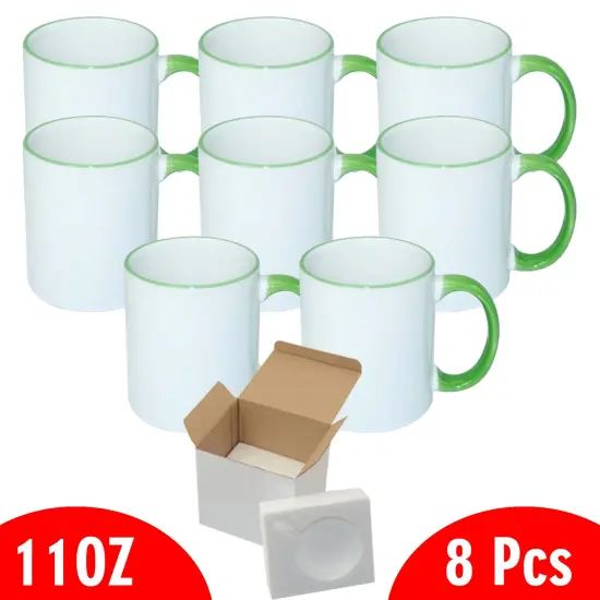 8 Pcs 11OZ Light Green Rim & Handle Sublimation Mugs With Foam Support Boxes {2}