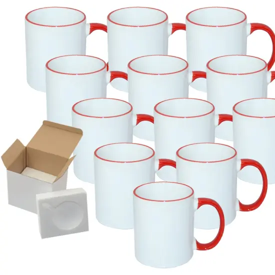 12 Pcs 11OZ Red Rim & Handle Sublimation Mugs With Foam Support Boxes {1}