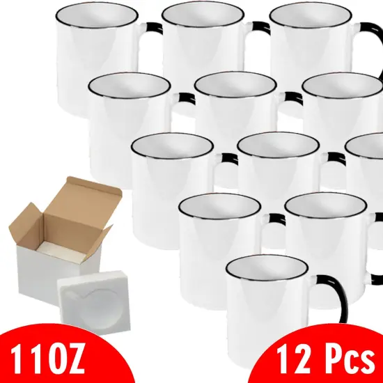 Case of 12 Pcs 11oz Sublimation Blank All White and Black with Black Handle-Case Mugs With Gift Mug Box. Mugs - Cardboard Box with Foam Supports {2}