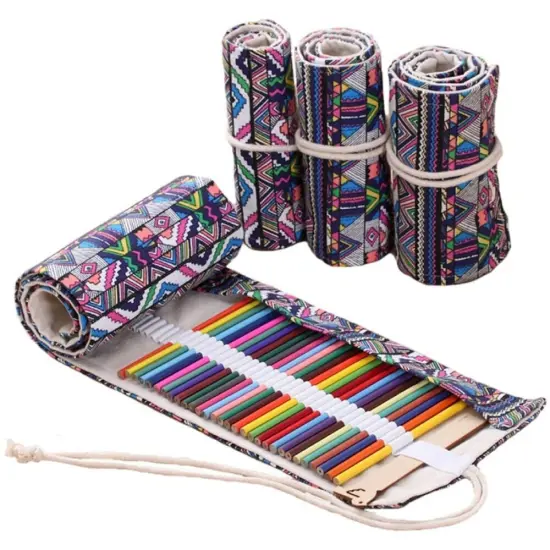 48 holes Canvas Pencil Wrap, Ethnic Style Roll Up Organizer Storage Pencils Pouch {1}