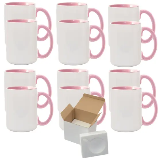 12 Pcs 15OZ El Grande Pink Inside & Handle Sublimation Mugs With Foam Support Boxes {1}