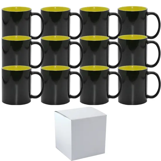 12 PACK 11 oz Color Changing Mugs YELLOW Inner/Handle Professional Grade Sublimation Mug- Sublimation Series - With Individual White Gift Boxes {1}