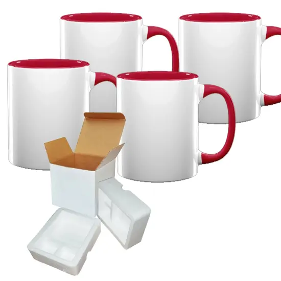 4 Pcs 11OZ Red Inside & Handle Sublimation Mugs With Foam Support Boxes {1}