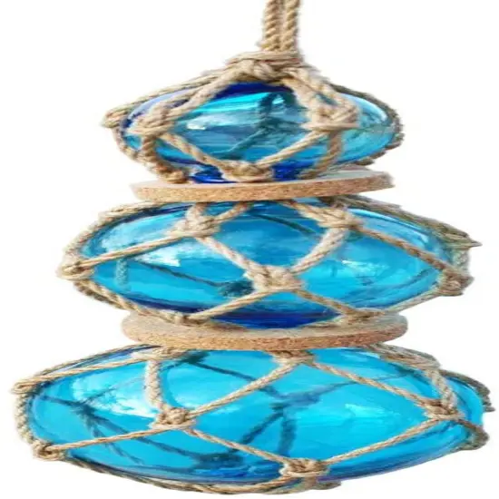 Japanese Glass Fishing Floats, 2-4" Aqua, Strand of 3 with Cork, Japanese Glass Buoys with Rope for Decoration {1}