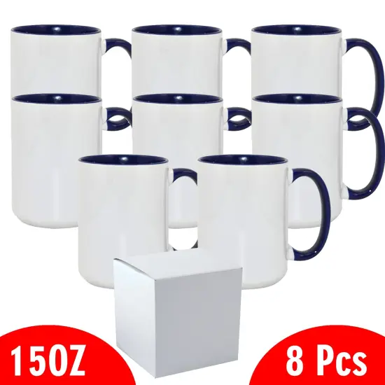 8 Pcs 15OZ El Grande Dark Blue Inside & Handle Sublimation Mugs With Foam Support Boxes {2}