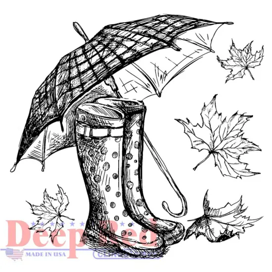 Deep Red Stamps Galoshes and Umbrella Rubber Cling Stamp 3 x 3 inches {1}