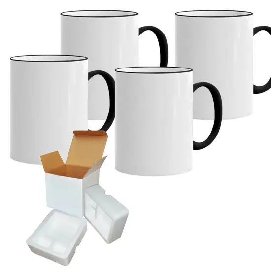 4 Pcs 11OZ Black Rim & Handle Sublimation Mugs With Foam Support Boxes {1}