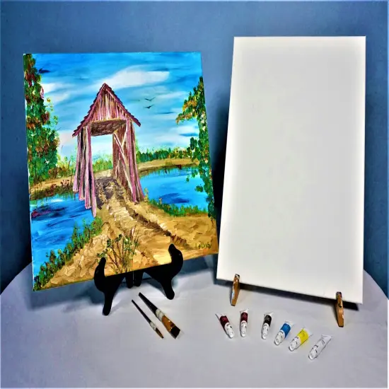 Paint Kit - Old Covered Bridge Acrylic Painting Kit & Video Lesson, DIY Craft, Autumn Paint Kit, Beginner Painting, At Home Paint Kit {2}