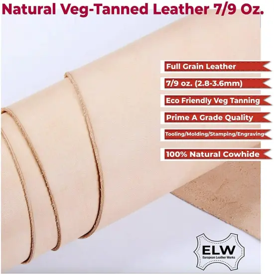 ELW Veg-Tanned Leather, 7/9 Oz. (2.8-3.6 mm) Full Grain Leather Natural 12"x12" Pre-Cut Pieces for Tooling, Crafting and Wet Molding {2}
