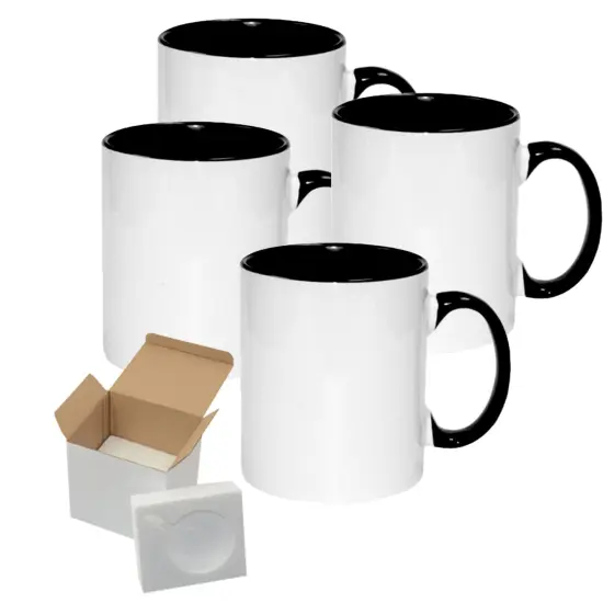 4 Pcs 11OZ Black Inner & Handle Sublimation Mugs With Foam Support Boxes {1}
