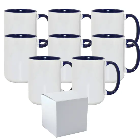 8 Pcs 15OZ El Grande Dark Blue Inside & Handle Sublimation Mugs With Foam Support Boxes {1}