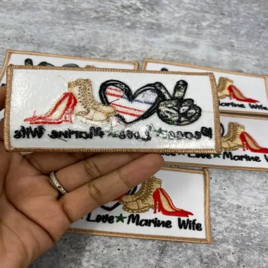 "Peace. Love. MARINE Wife", Iron-on Embroidery Patch, Military Wife Badge, Patch for Crocs, Size 3"x2" inches {2}