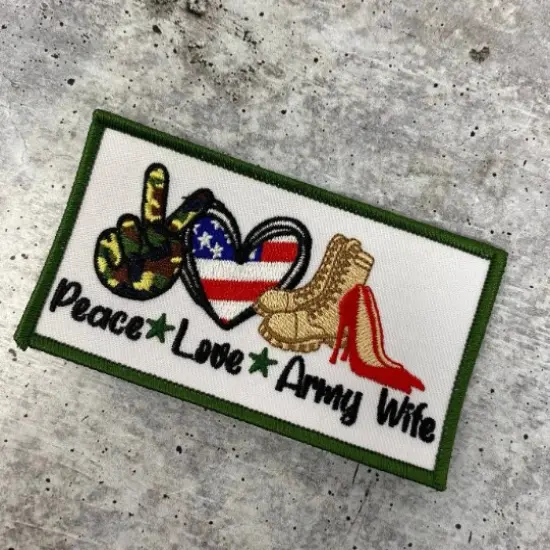 "Peace. Love. ARMY Wife", Iron-on Patch, Embroidery Patch, Military Wife Badge, Size 3"x2" inches {3}