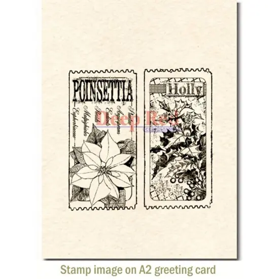 Deep Red Stamps Holly and Poinsettia Tickets Rubber Cling Stamp 3 x 3.1 inches {3}