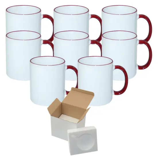 8 Pcs 11OZ Dark Red Rim & Handle Sublimation Mugs With Foam Support Boxes {1}