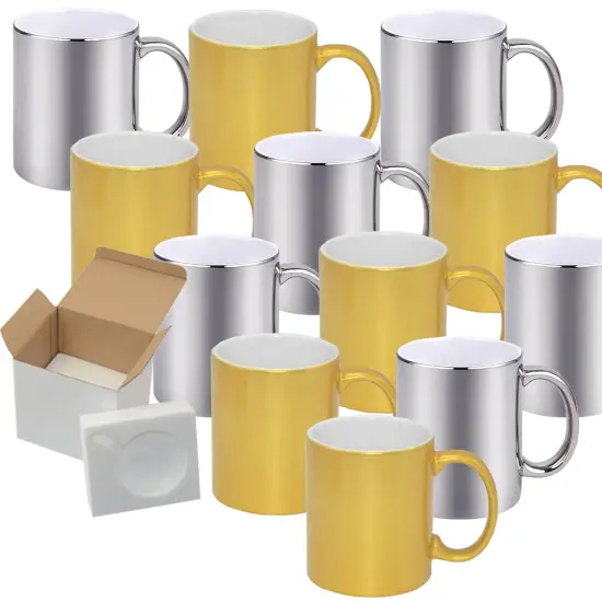 12 Pack of 11OZ METALLIC SILVER & GOLD inner & Handle Sublimation Mugs - Professional Grade -Cardboard Box with Foam Supports {1}