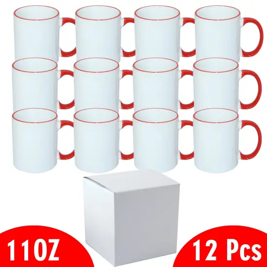 12 Pcs 11OZ Red Rim & Handle Sublimation Mugs With Individual White Boxes {2}