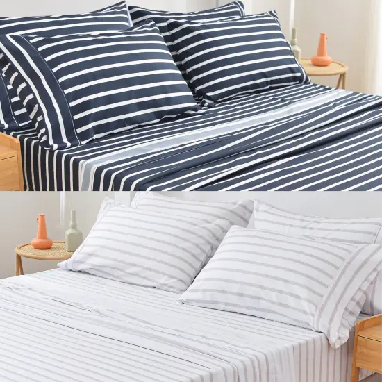 American Home Collection Striped Bedding Sheets & Pillowcases Set Brushed Microfiber Wrinkle Free Sheet Set Navy {6}