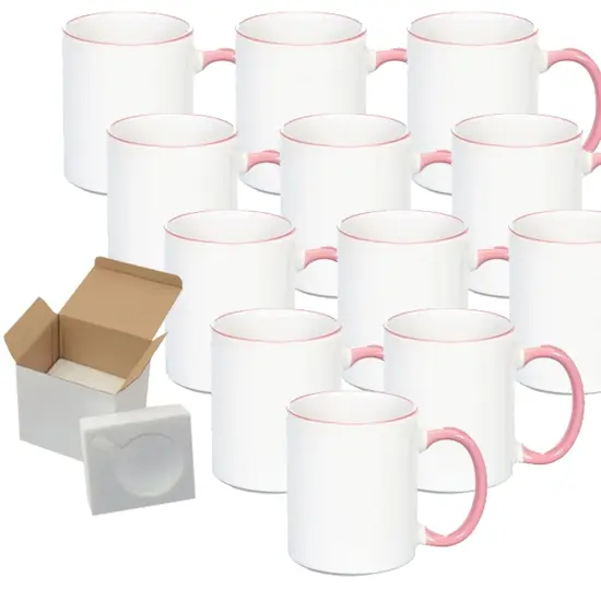 12 Pcs 11OZ Pink Rim & Handle Sublimation Mugs With Foam Support Boxes {1}