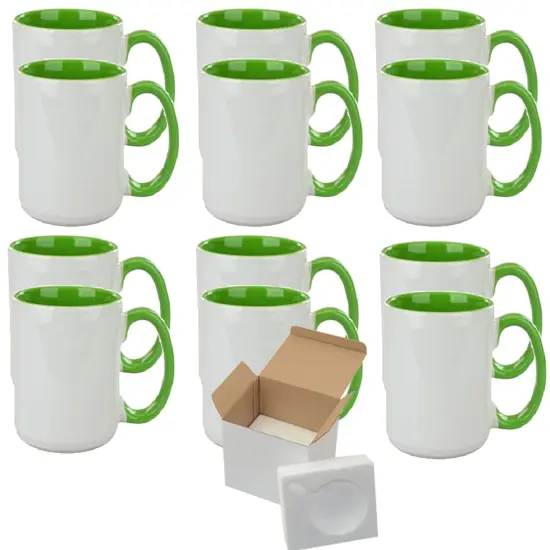 12 Pcs 15OZ El Grande Light Green Inside & Handle Sublimation Mugs With Foam Support Boxes {1}