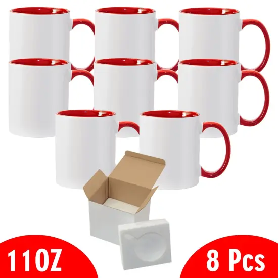 8 Pcs 11OZ Red Inner & Handle Sublimation Mugs With Foam Support Boxes {2}