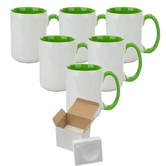 6 Pcs 15OZ El Grande Light Green Inside & Handle Sublimation Mugs With Foam Support Boxes {1}