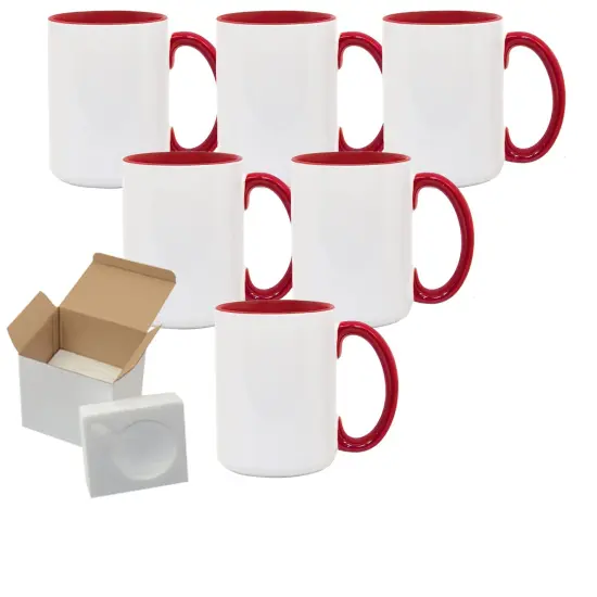 6 Pcs 15OZ El Grande Red Inside & Handle Sublimation Mugs With Foam Support Boxes {1}