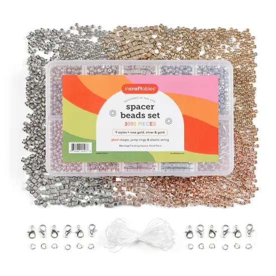 Incraftables 3000pcs Spacer Beads Set for Jewelry Making (Gold, Silver & Rose Gold). Best Rondelle Cube, Round Ball & Square Spacers Bead Kit for DIY Bracelet with Clasps, Elastic String & Organizer {1}