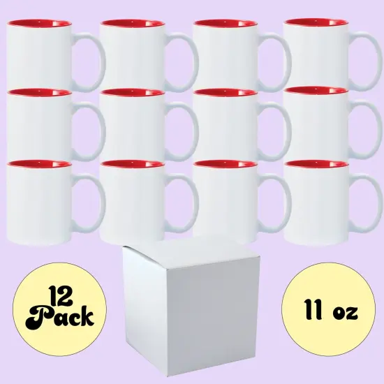 12 PACK 11 oz. Ceramic Mug - RED Two-Tone Sublimation Blank Mugs - RED Inner and WHITE Handle - Individually Packed in a White Gift Boxes {2}