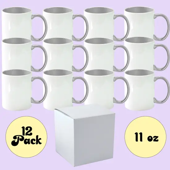 12 Pack 11 oz. SILVER Inner & Handle- Ceramic Sublimation Mugs - Professional Grade - With Individual White Gift Boxes {2}