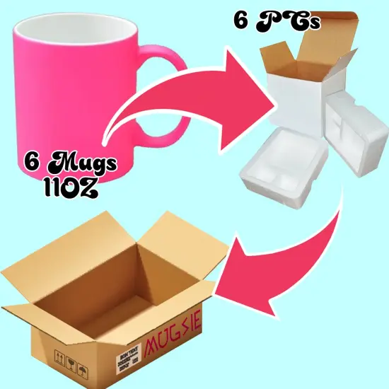 6 PACK 11OZ PINK Fluorescent / Neon Sublimation Mugs with Foam Supports Cardboard Boxes {3}