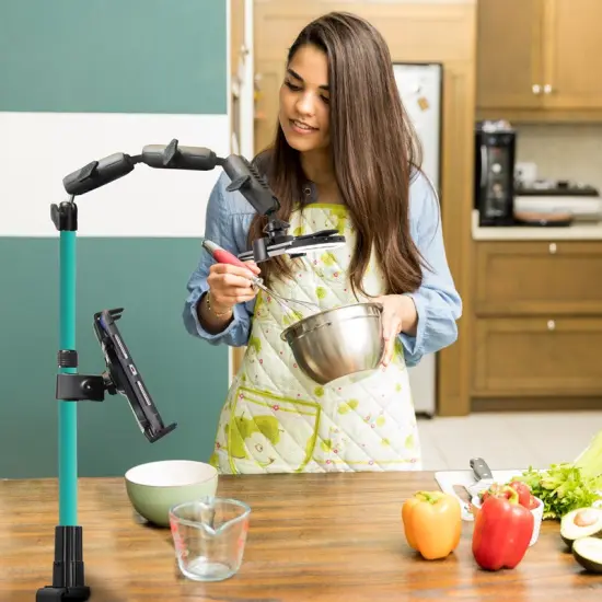 Remarkable Creator Pro+Plus Overhead Phone or Camera Mount with Tablet Holder and Ring Light, Clamp Mount, Teal, by Arkon Mounts CLAMPRCBTL {3}