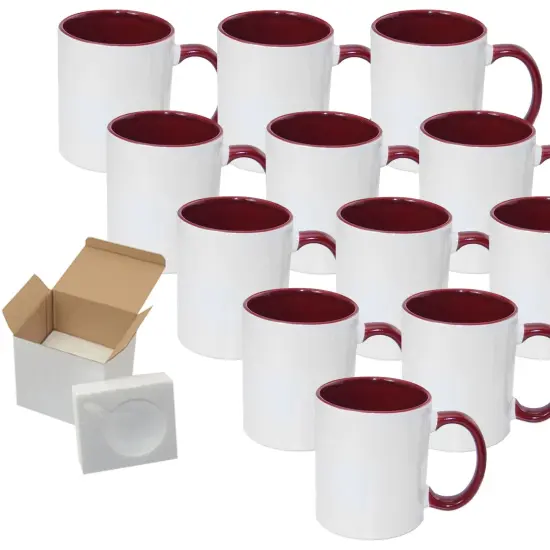 11 oz White Ceramic Sublimation Coffee Mug with DARK RED Color Inside/Handle -Cardboard Box with Foam Supports Case of 12 {1}