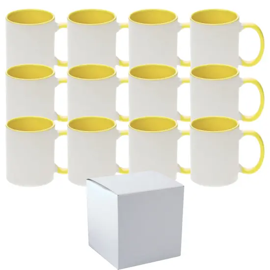 12 Pcs 11OZ Yellow Inner & Handle Sublimation Mugs With Individual White Boxes {1}