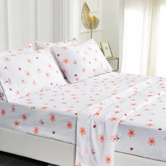 American Home Collection Pink Pollen and Ladybug Bedding Sheets & Pillowcases Set Brushed Microfiber Wrinkle Free Floral Sheet Set {2}