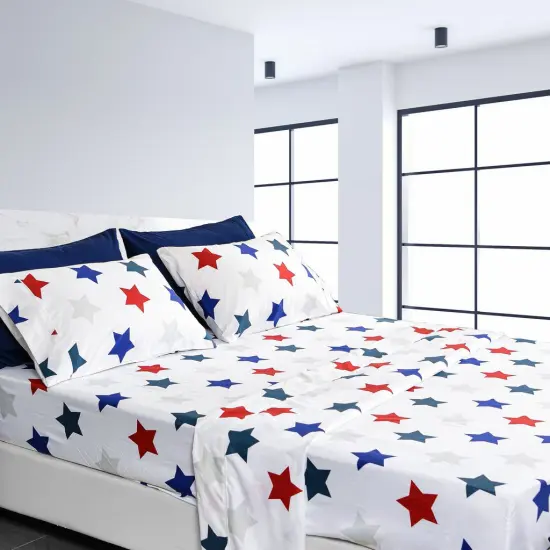American Home Collection Blue and Red Stars Bedding Sheets & Pillowcases Set Brushed Microfiber Wrinkle Free Sheet Set {1}