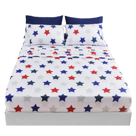 American Home Collection Blue and Red Stars Bedding Sheets & Pillowcases Set Brushed Microfiber Wrinkle Free Sheet Set {2}