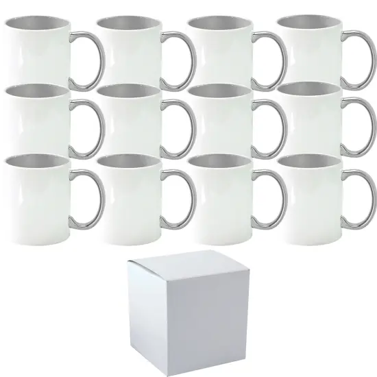 12 Pack 11 oz. SILVER Inner & Handle- Ceramic Sublimation Mugs - Professional Grade - With Individual White Gift Boxes {1}