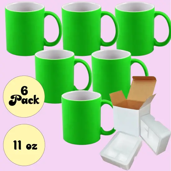 6 PACK 11OZ GREEN Fluorescent / Neon Sublimation Mugs with Foam Supports Cardboard Boxes {2}