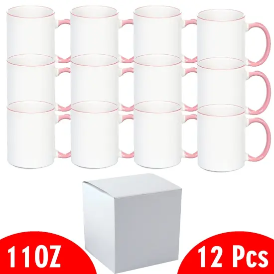 12 Pcs 11OZ Pink Rim & Handle Sublimation Mugs With Individual White Boxes {2}