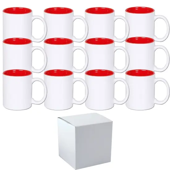 12 PACK 11 oz. Ceramic Mug - RED Two-Tone Sublimation Blank Mugs - RED Inner and WHITE Handle - Individually Packed in a White Gift Boxes {1}