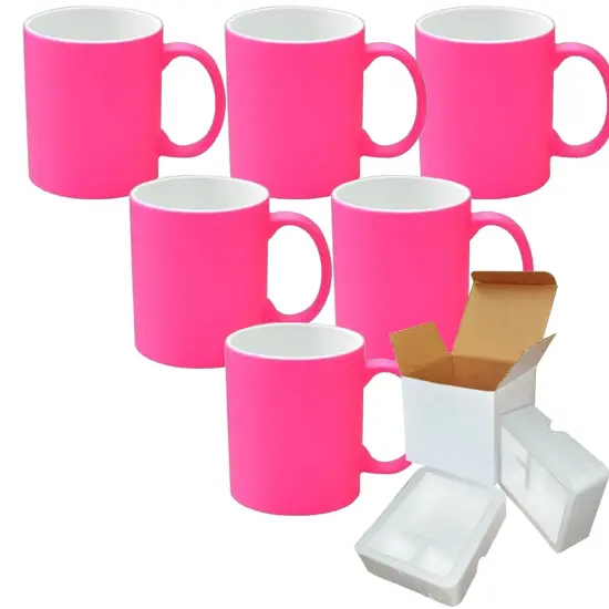 6 PACK 11OZ PINK Fluorescent / Neon Sublimation Mugs with Foam Supports Cardboard Boxes {1}