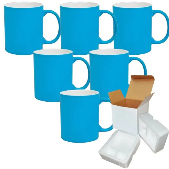 6 PACK 11OZ BLUE Fluorescent / Neon Sublimation Mugs with Foam Supports Cardboard Boxes {1}