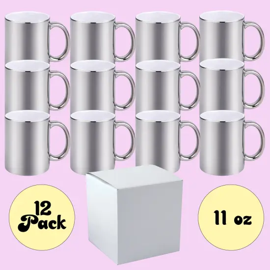 12 PACK 11 oz. METALLIC SILVER outer & Handle- Ceramic Sublimation Mugs - Professional Grade - With Individual White Gift Boxes {2}